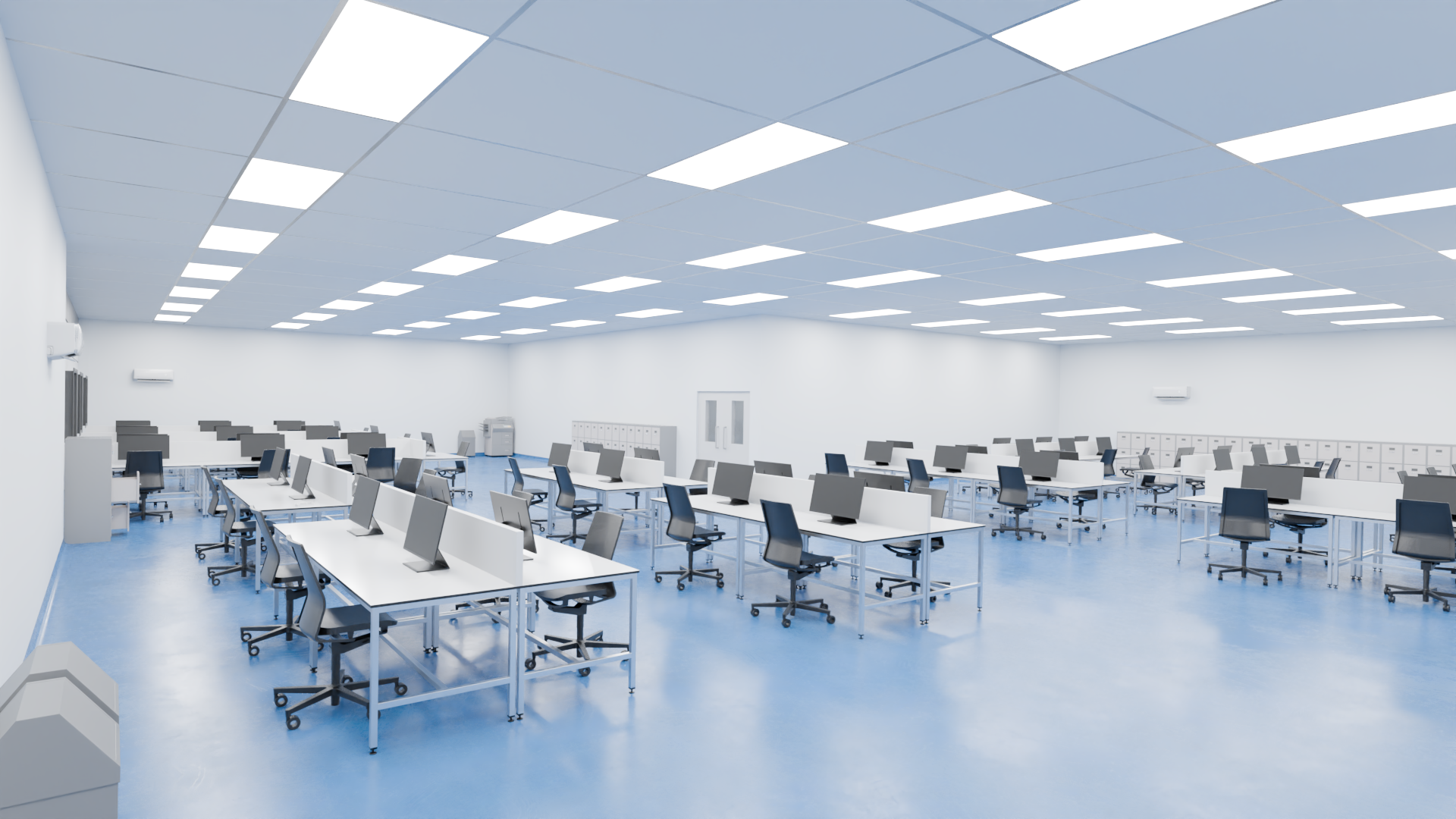 inside a series 3 large modular cleanroom with lots of desks