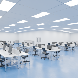 inside a series 3 large modular cleanroom with lots of desks